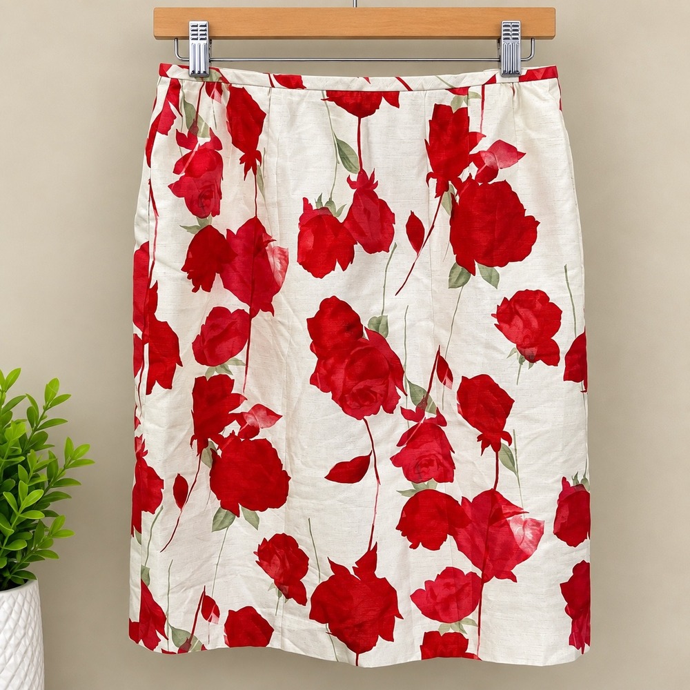 Le Suit Womens Red Rose Floral Print Pencil Skirt White Knee Length Sz 14 Office